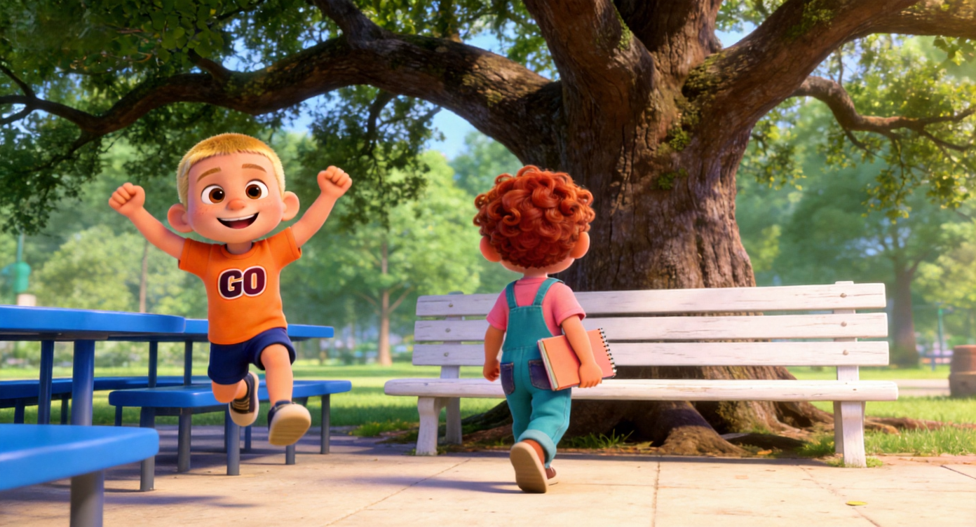 Wide shot. Sam (blonde buzz cut, orange T-shirt) jumping happily near blue tables. Leo walks away to a white wooden bench under a giant oak tree, holding the peach-colored sketchbook. 3D Pixar style. --ar 16:9