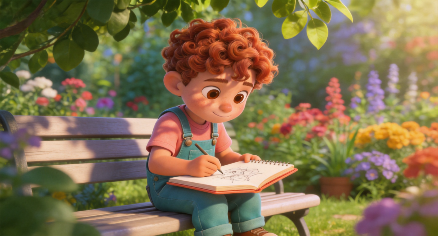 Medium shot. Leo sitting on the bench, drawing earnestly in the peach-colored sketchbook. Sunlight filters through leaves, casting dappled shadows on his chubby face. Colorful garden background. 3D Pixar style. --ar 16:9