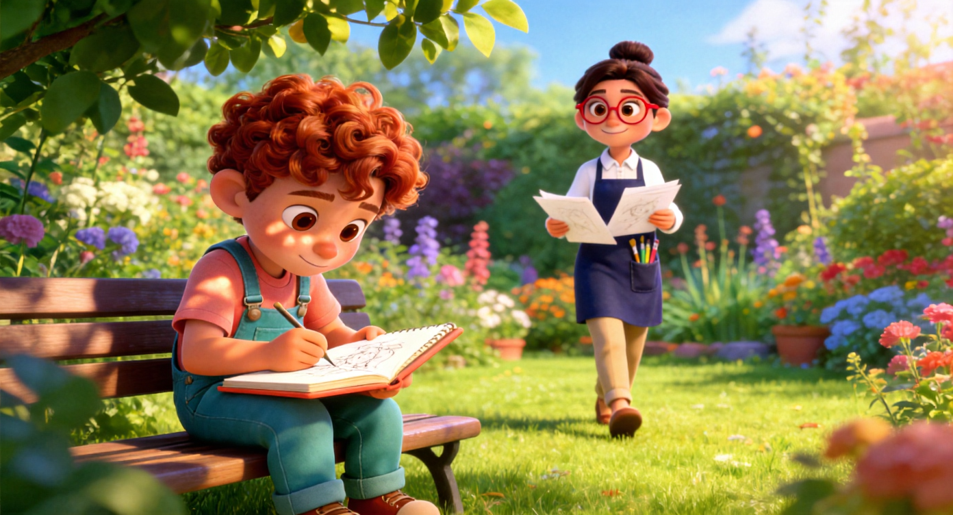 Wide shot. Leo sitting on the bench, drawing earnestly in the peach-colored sketchbook. Sunlight filters through leaves, casting dappled shadows on his chubby face. Colorful garden background. Teacher Sarah (round red glasses, navy apron) notices Leo. She walks slowly across the lawn carrying drawing papers, moving gently. Multi-layered garden background. 3D Pixar style. --ar 16:9