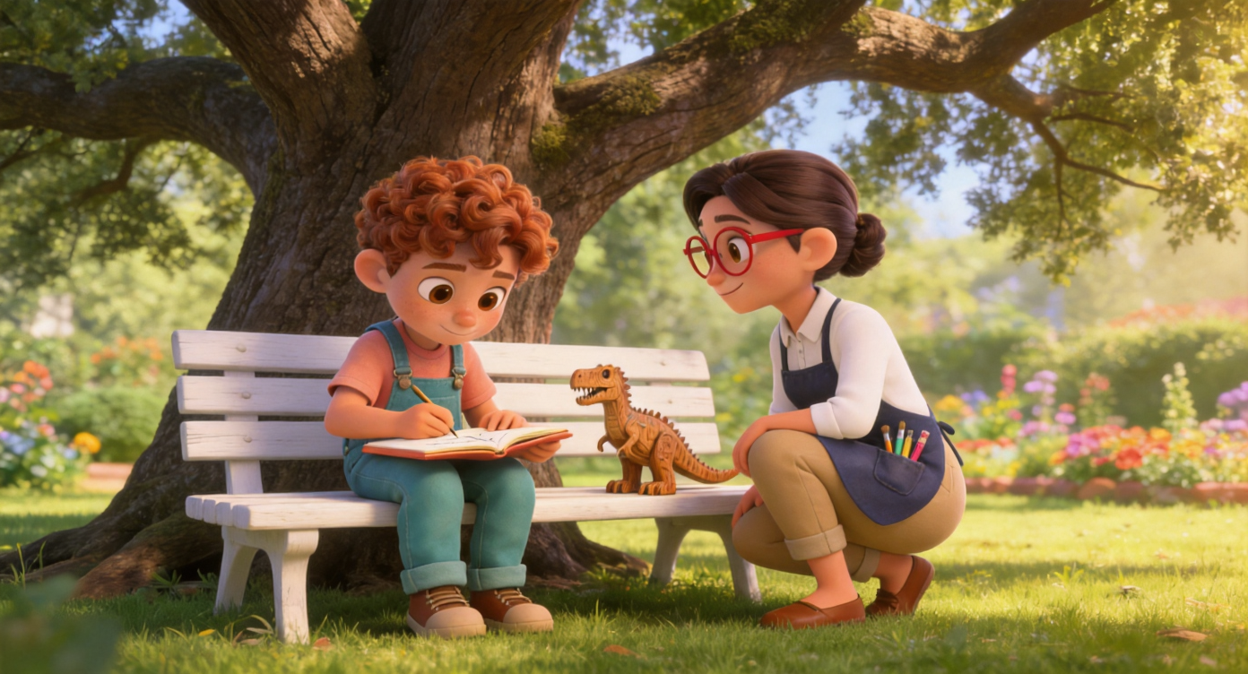 Medium shot. Leo sitting on the bench, drawing earnestly in the peach-colored sketchbook. Beside the white wooden bench under the giant oak tree, Teacher Sarah squatted down on one leg next to Leo..She looks at the small hand-carved wooden T-Rex on the bench. Background shows the sunny garden lawn and colorful distant flower beds. 3D Pixar style. --ar 16:9