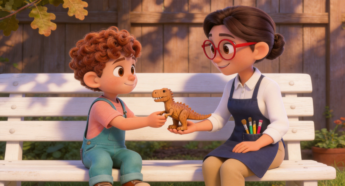 Close-up shot. At the white wooden bench, Leo slowly offers the small hand-carved wooden T-Rex to the teacher. His fingers are hesitant, but his eyes flash with pride. Background features dappled shadows of oak leaves and the garden's wooden fence. 3D Pixar style. --ar 16:9