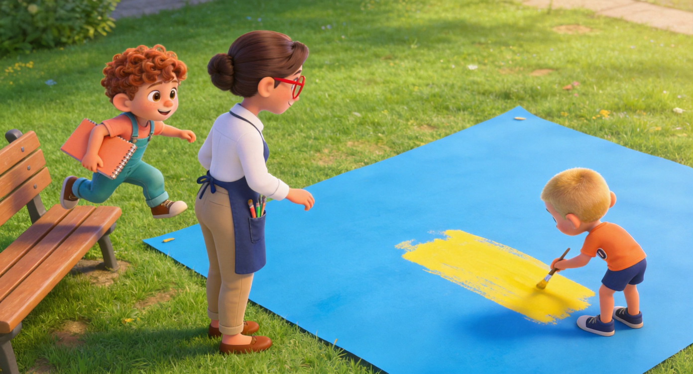 Wide shot. Leo jumps off the bench, following the teacher to a giant blue paper on the lawn. Sam is painting bright yellow in blue paper . Leo still carries the peach-colored sketchbook.The background was a vibrant garden. 3D Pixar style. --ar 16:9