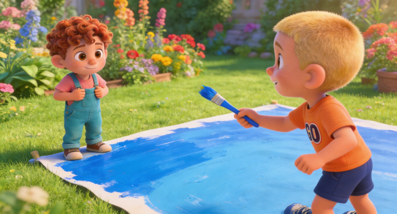Medium shot.Leo stood at the edge of a large blue canvas spread out on the lawn, while Sam grinned at Leo, a blue paintbrush in his hand. Leo nervously clutched his overalls. The background was a vibrant garden.3D Pixar style. --ar 16:9