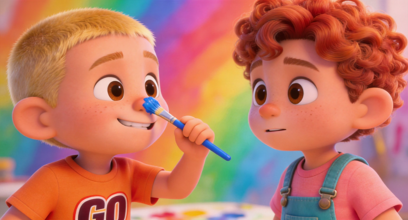 Close-up shot. Sam's hand with blue brush accidentally rubs blue paint on his nose tip. His funny face makes Leo pause. Blurred rainbow palette in background. 3D Pixar style. --ar 16:9
