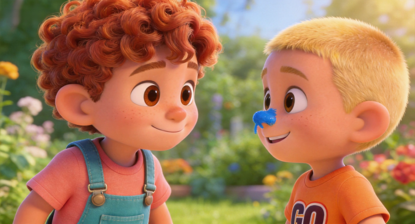 Close-up shot. Leo looked at Sam's nose, now smeared with blue paint, and couldn't help but chuckle softly.His tense shoulders relax, showing a very pure and cute smile. Bright garden background. 3D Pixar style. --ar 16:9