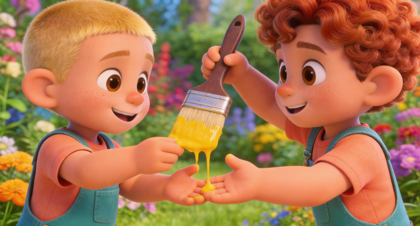 Medium shot. Sam hands Leo a wide brush dripping with yellow paint. Leo’s chubby hand slowly reaches out and takes it. Their hands are in the center. The background was a vibrant garden.3D Pixar style. --ar 16:9