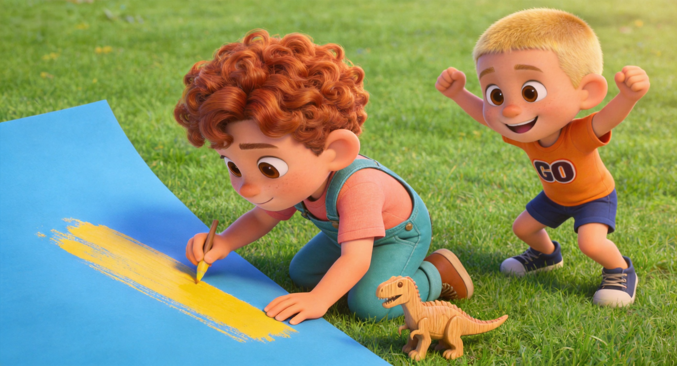 Medium shot. Leo kneels by the big paper, carefully making the first yellow stroke. Sam cheers beside him. the small hand-carved wooden T-Rex sits on grass by his feet. 3D Pixar style. --ar 16:9