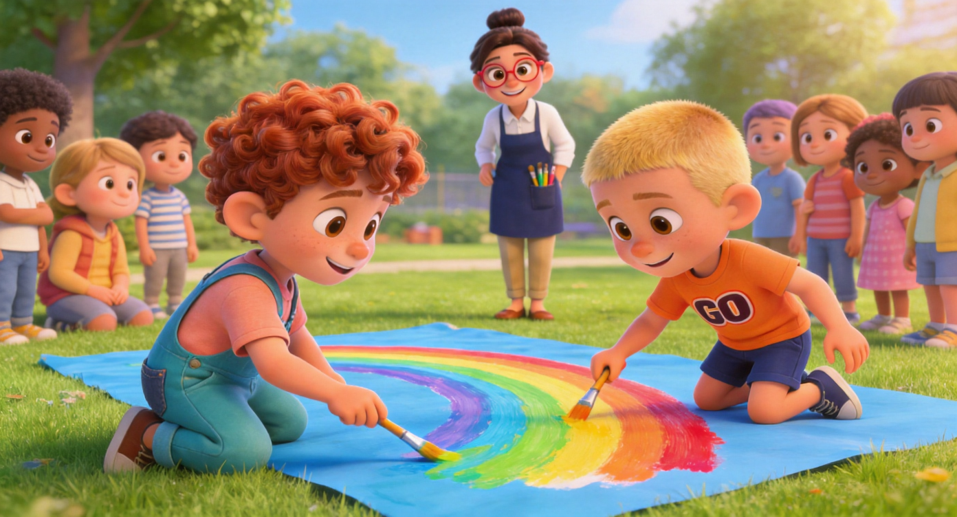 Wide shot. Leo and Sam were painting together on a blue sheet of paper spread out on the lawn; they were drawing a giant rainbow. Other children gather around, atmosphere is warm and friendly. Teacher Sarah smiles in the background. 3D Pixar style. --ar 16:9