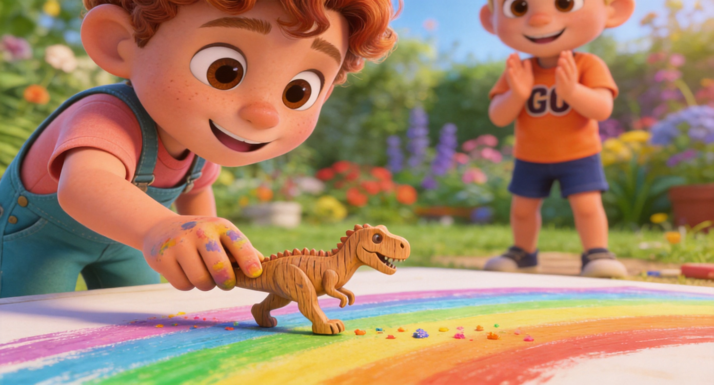 Close-up shot. Leo’s paint-stained hand picks up the small hand-carved wooden T-Rex, pretending it walks on the rainbow painting, leaving tiny colorful marks. Sam claps. The background was a vibrant garden.3D Pixar style. --ar 16:9