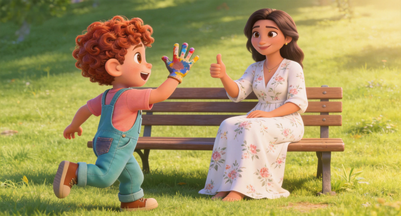 Medium shot. Leo turns and excitedly waves his paint-covered hand at Mom (in white floral maxi dress) on the bench. Mom gives him a thumbs up. Sunlit lawn. 3D Pixar style. --ar 16:9