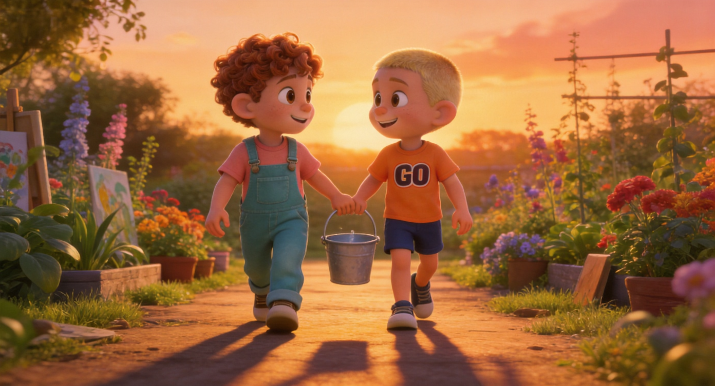 Wide shot. Art class ends. Kids help pack up. Leo helps Sam carry a small water bucket, chatting as they walk. Sunset begins to stretch their long shadows. 3D Pixar style. --ar 16:9