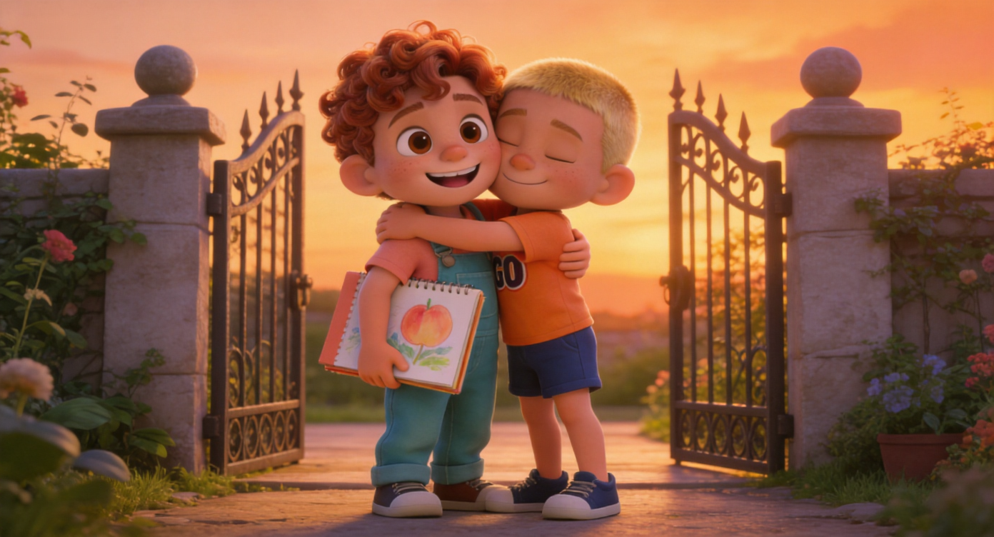 Medium shot. Leo and Sam hug goodbye at the garden gate. Leo holds the peach-colored sketchbook with a new painting inside. Leo shows a wide, toothy smile. Warm sunset sky. 3D Pixar style. --ar 16:9