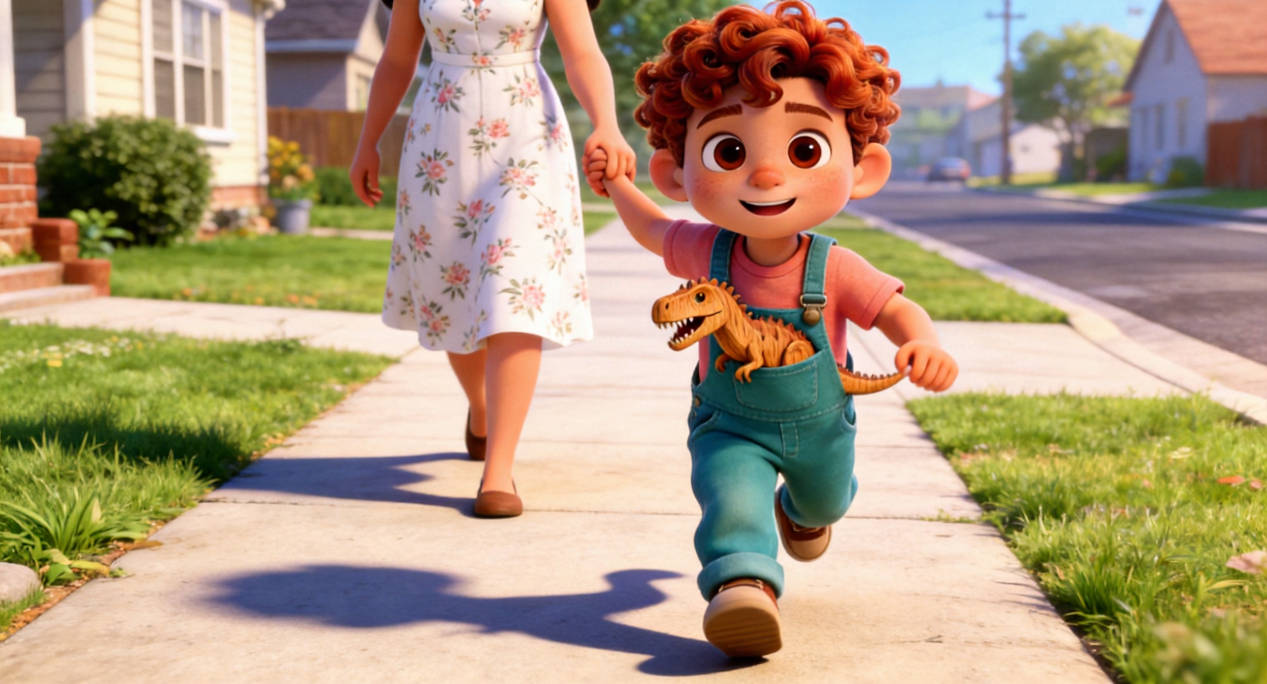 Wide shot. Leo led his mother (who was wearing a white floral dress) by the hand as they walked home. He skipped ahead, his shadow reflected on the sidewalk. A handcrafted wooden Tyrannosaurus Rex peeked out from the front pocket of Leo's overalls. 3D Pixar style. --ar 16:9
