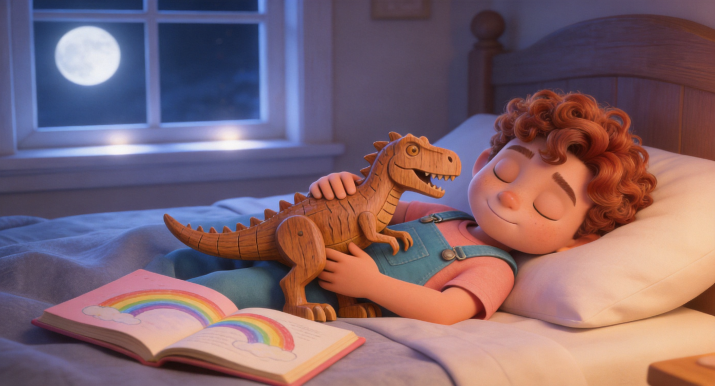 Medium shot. Leo with a clean face, lying in his cozy bed, hugging the small hand-carved wooden T-Rex. the peach-colored sketchbook is by his pillow, showing the rainbow page. Moonlight on windowsill. 3D Pixar style. --ar 16:9