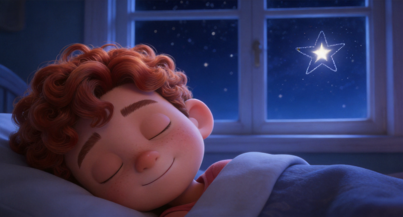 Close-up shot. Leo asleep with a sweet smile. Fade out. Only the star he drew in his mind twinkles in the real night sky outside the window. Masterpiece, 3D Pixar style. --ar 16:9
