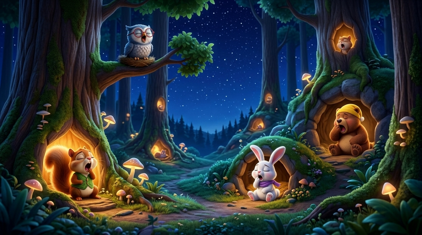 Extreme wide shot of the forest under a starry indigo sky. Small glows of light appear where different animals are yawning in their hidden homes. 3D animation style. --ar 16:9
