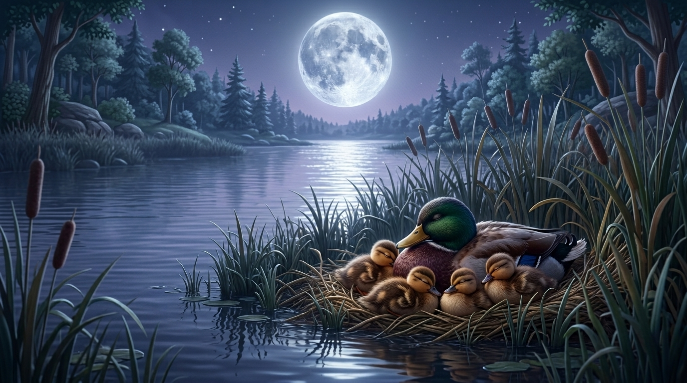 Scene of a calm river reflecting the moon. A family of ducks is tucked away in the reeds, heads tucked under wings. Soft blue and silver tones. --ar 16:9 没有角色出现