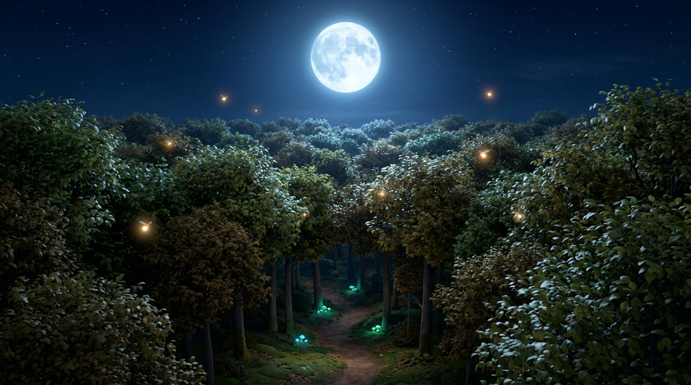 Wide shot of the entire forest. The moon is full and bright, casting a silver glow over the canopy. A few fireflies linger in the still air. --ar 16:9 没有角色出现