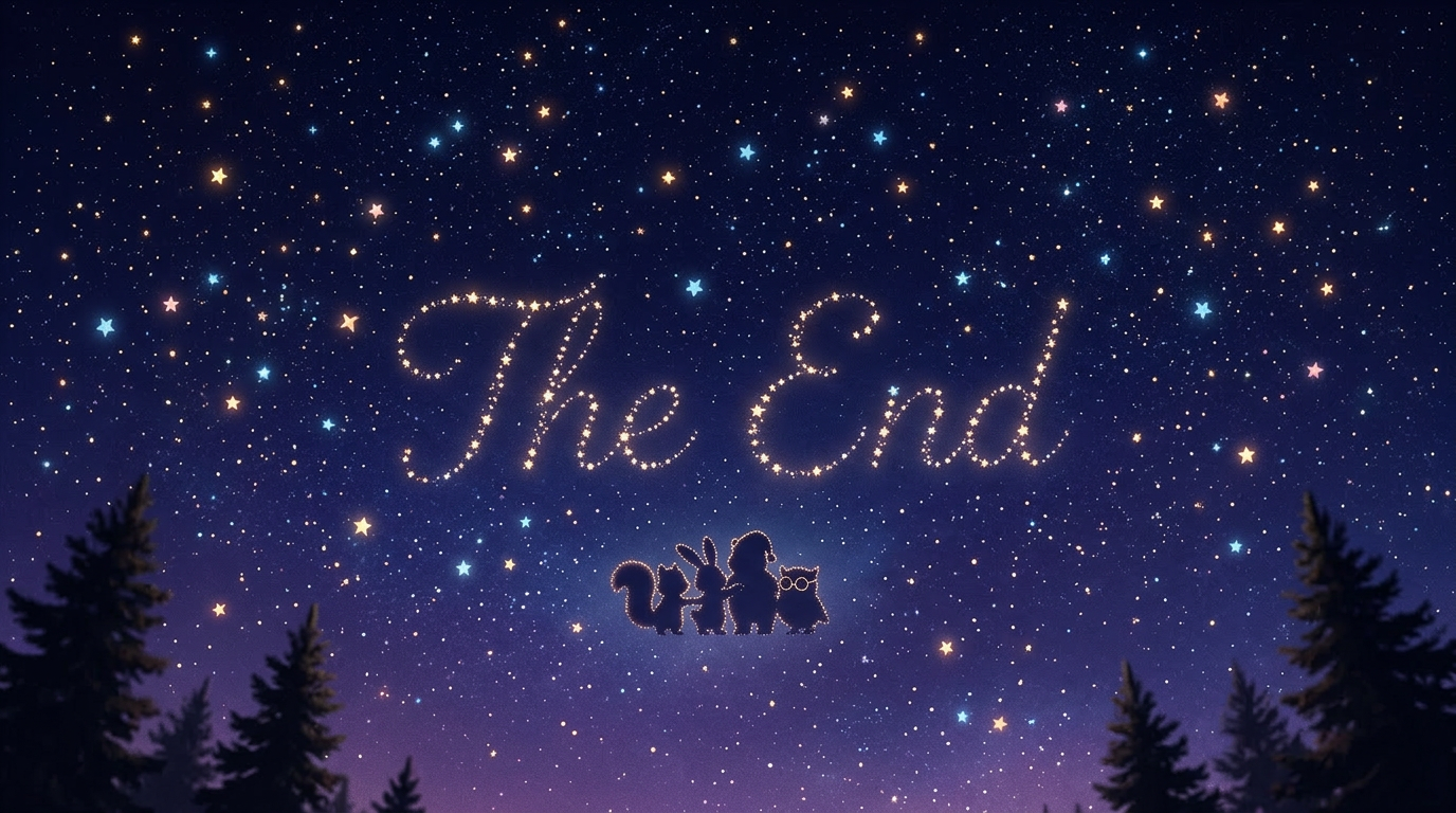 Camera pans up from the forest to the vast, twinkling starry sky. The words 'The End' appear faintly in the stars. Soft, fading light. --ar 16:9