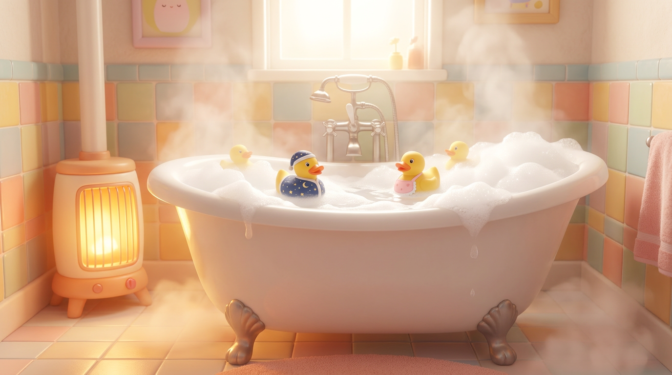 Interior shot. A bright bathroom filled with soft white steam. A large porcelain bathtub is overflowing with warm water and bubbles. A glowing heater stands in the corner. --ar 16:9 没有角色人物出现