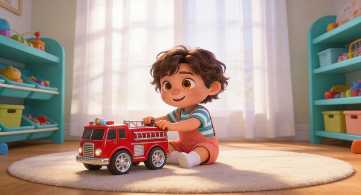 Wide shot. In a sunlit, cozy indoor playroom, a soft cream-colored round play mat is spread on the floor. Noah (chestnut wavy bob, teal striped T-shirt, coral overalls) sits alone in the center, happily pushing a shiny red toy fire engine with large silver wheels. Teal toy storage racks and sunlight filtering through sheer white curtains in the background. Highly detailed, 3D Pixar style. --ar 16:9