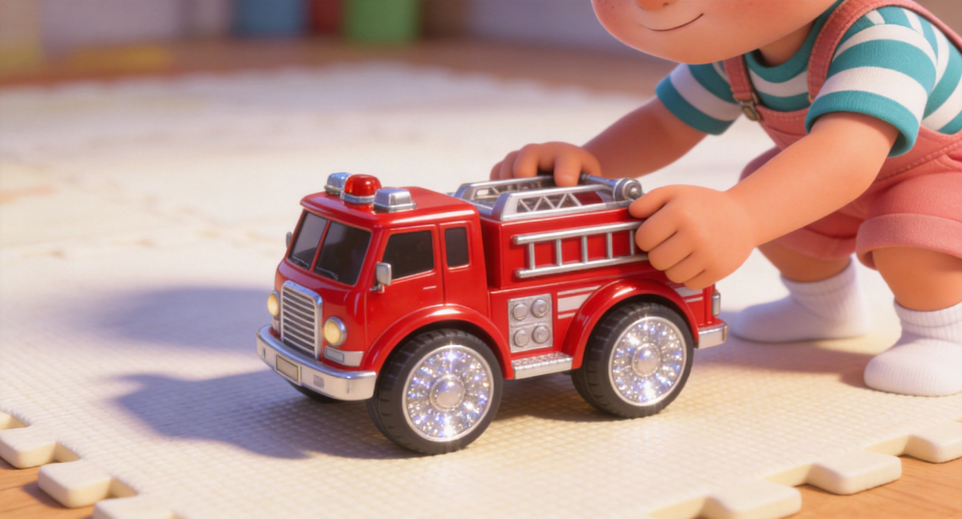 Close-up shot. Under the bright playroom light, Noah's hands tightly grip a shiny red toy fire engine with large silver wheels. The car casts a clear shadow on the cream-colored play mat. The large silver wheels sparkle. Blurred play mat texture in the background. Highly detailed, 3D Pixar style. --ar 16:9