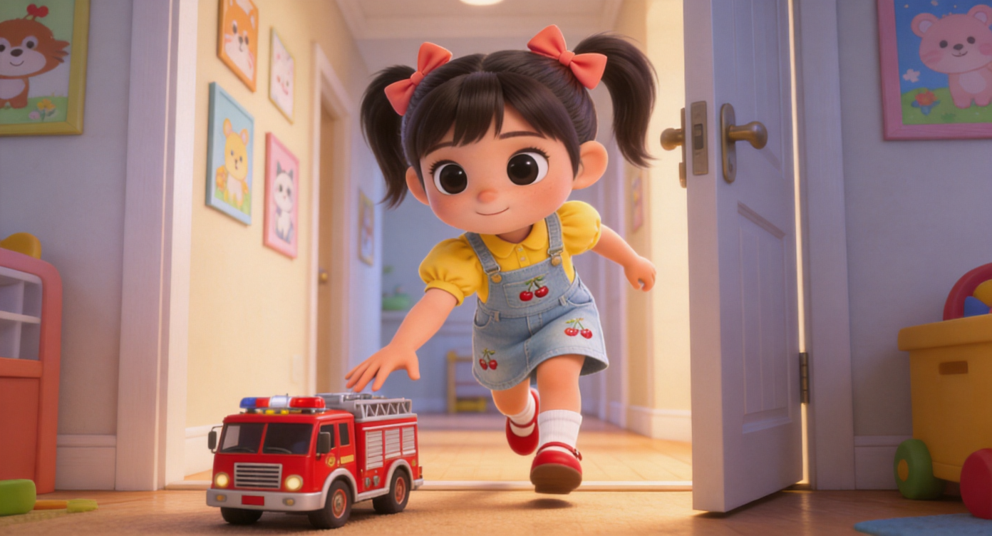 Medium shot. The playroom door is pushed open. A little girl named Mia (coral bow ponytails, wearing bright yellow shirt and embroidered denim overall skirt) runs in happily. She reaches out one small hand, her eyes staring excitedly at the red fire engine on the floor ahead. Hallway decorated with cute animal paintings in the background. 3D Pixar style. --ar 16:9