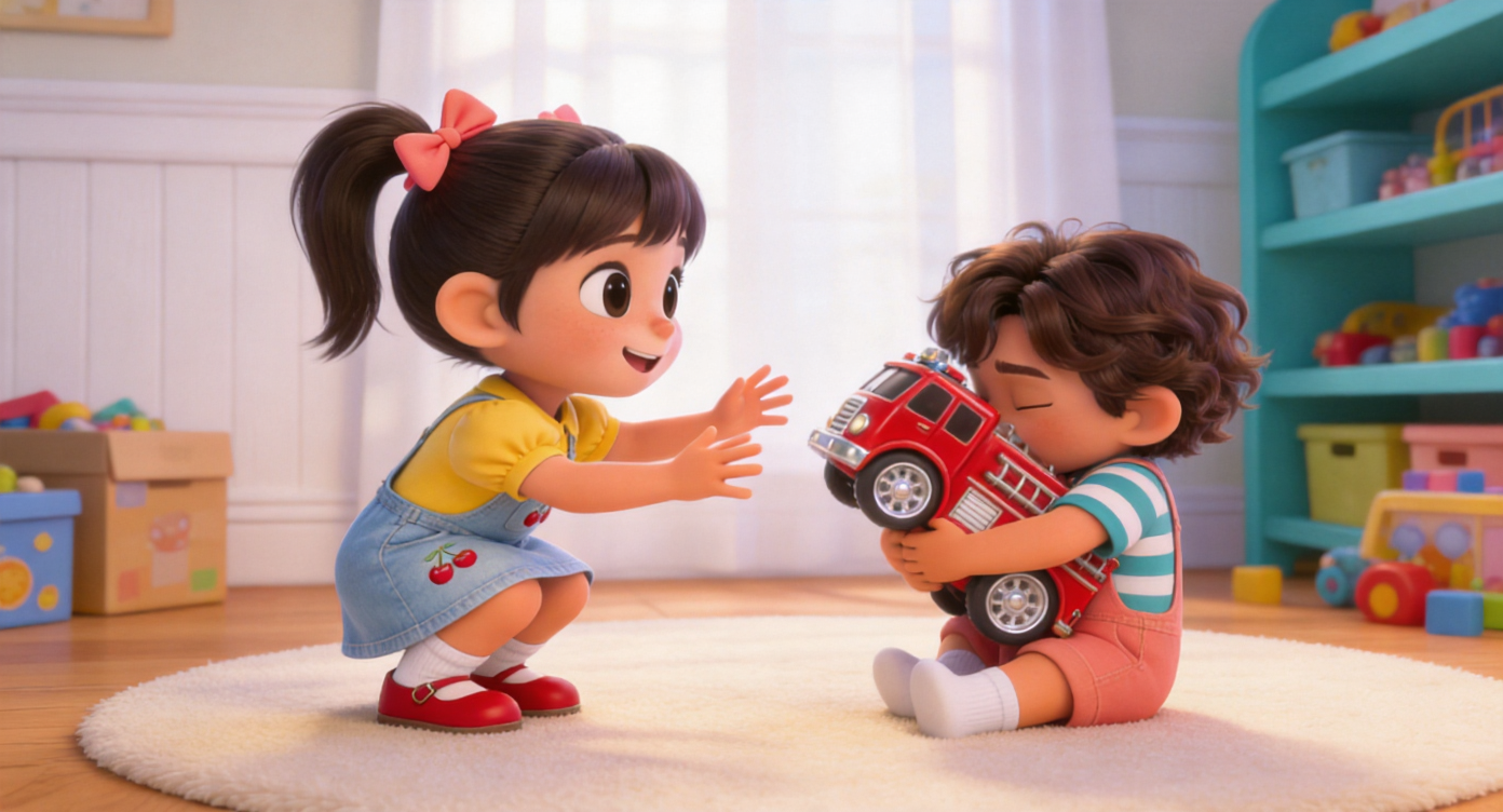 Medium shot. At the edge of a soft cream-colored round play mat, Mia (bright yellow shirt, denim overall skirt) crouches down and reaches out both hands towards a shiny red toy fire engine with large silver wheels, smiling expectantly. Noah (teal striped T-shirt) immediately hugs a shiny red toy fire engine with large silver wheels tightly to his chest with both arms, shrinking back. White baseboards and toy boxes in the background. 3D Pixar style. --ar 16:9