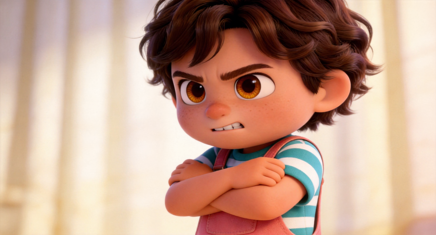 Close-up shot. Noah's cute round face is filled with alertness and possessiveness. He bites his lower lip tightly, staring firmly at Mia off-screen, his arms crossed very tightly over his chest. Blurred cream-colored curtains in the background. Highly detailed, 3D Pixar style. --ar 16:9