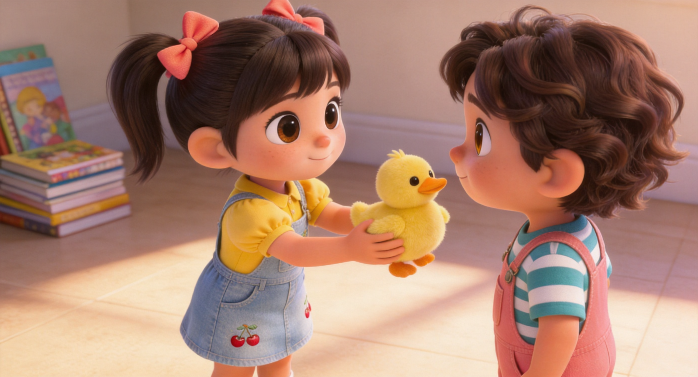 Close-up shot. On the sunlit floor, Mia (coral bows, bright yellow shirt, denim overall skirt) holds a yellow plush duckling, offering it to Noah with kind eyes, seemingly wanting to trade. A corner with stacked picture books in the background. 3D Pixar style. --ar 16:9
