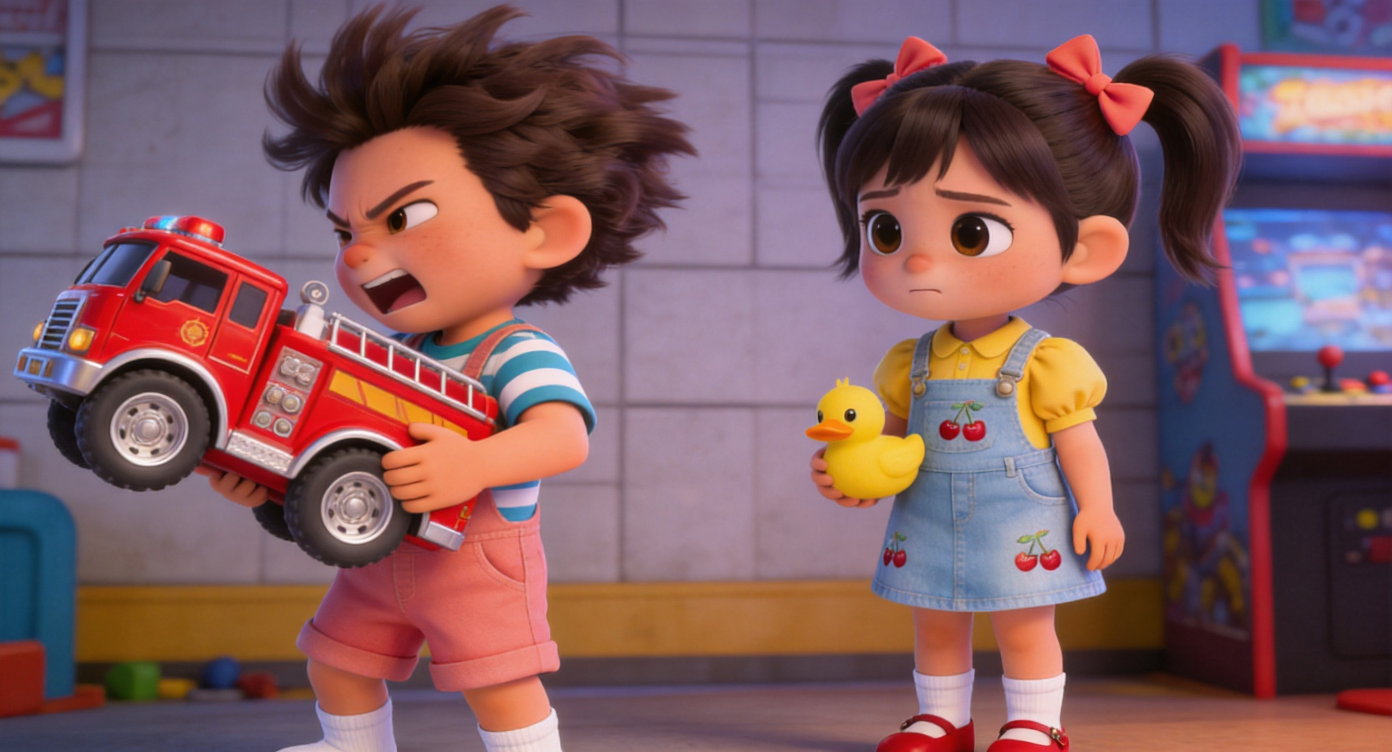 Medium shot. Noah (teal striped T-shirt) hugginga shiny red toy fire engine with large silver wheels, shakes his head vigorously and turns his face away, rejecting the yellow duckling. Mia's previously excited smile fades away, her big eyes filling with disappointment, her hand holding the duck drops. Playroom wall in the background. 3D Pixar style. --ar 16:9