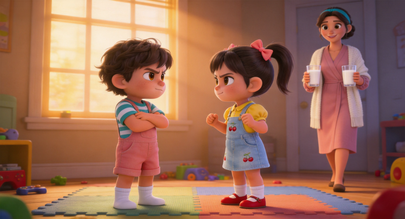 Wide shot. In the cozy playroom, the two children are at a standoff on the mat. Mom (teal headband, Morandi pink wrap dress, off-white knitted shawl) walks into the room carrying two cups of milk. Warm light shines through the window in the background. 3D Pixar style. --ar 16:9