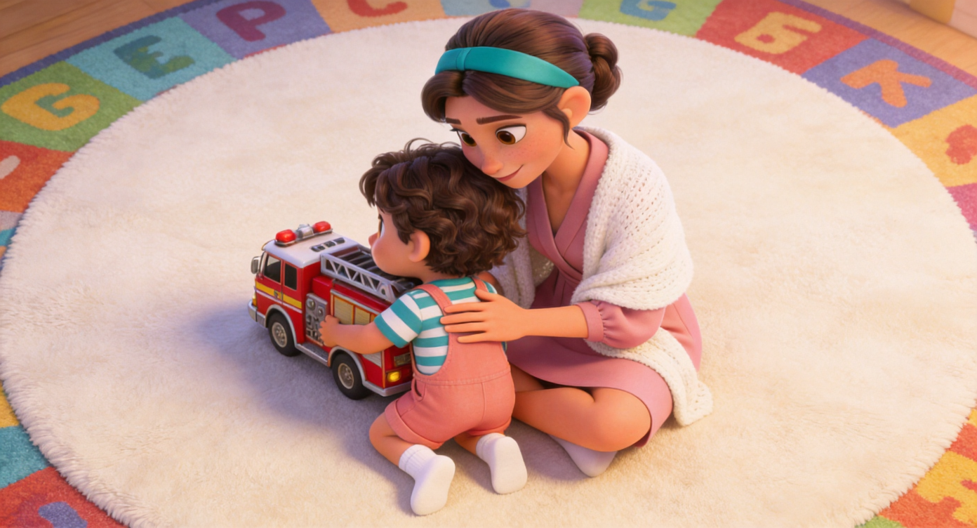 Medium shot. Mom sits down gently cross-legged next to a soft cream-colored round play mat. She doesn't grab the toy, but softly strokes Noah's (hugging a shiny red toy fire engine with large silver wheels) back with her hand, her eyes full of understanding. The edge of a colorful alphabet rug in the background. 3D Pixar style. --ar 16:9