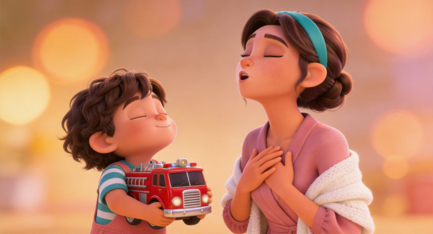 Close-up shot. Mom places both hands on her chest, taking a deep breath. Noah (hugging a shiny red toy fire engine with large silver wheels) looks up at mom and imitates her, closing his eyes and breathing deeply. Blurred warm light halos in the background. 3D Pixar style. --ar 16:9