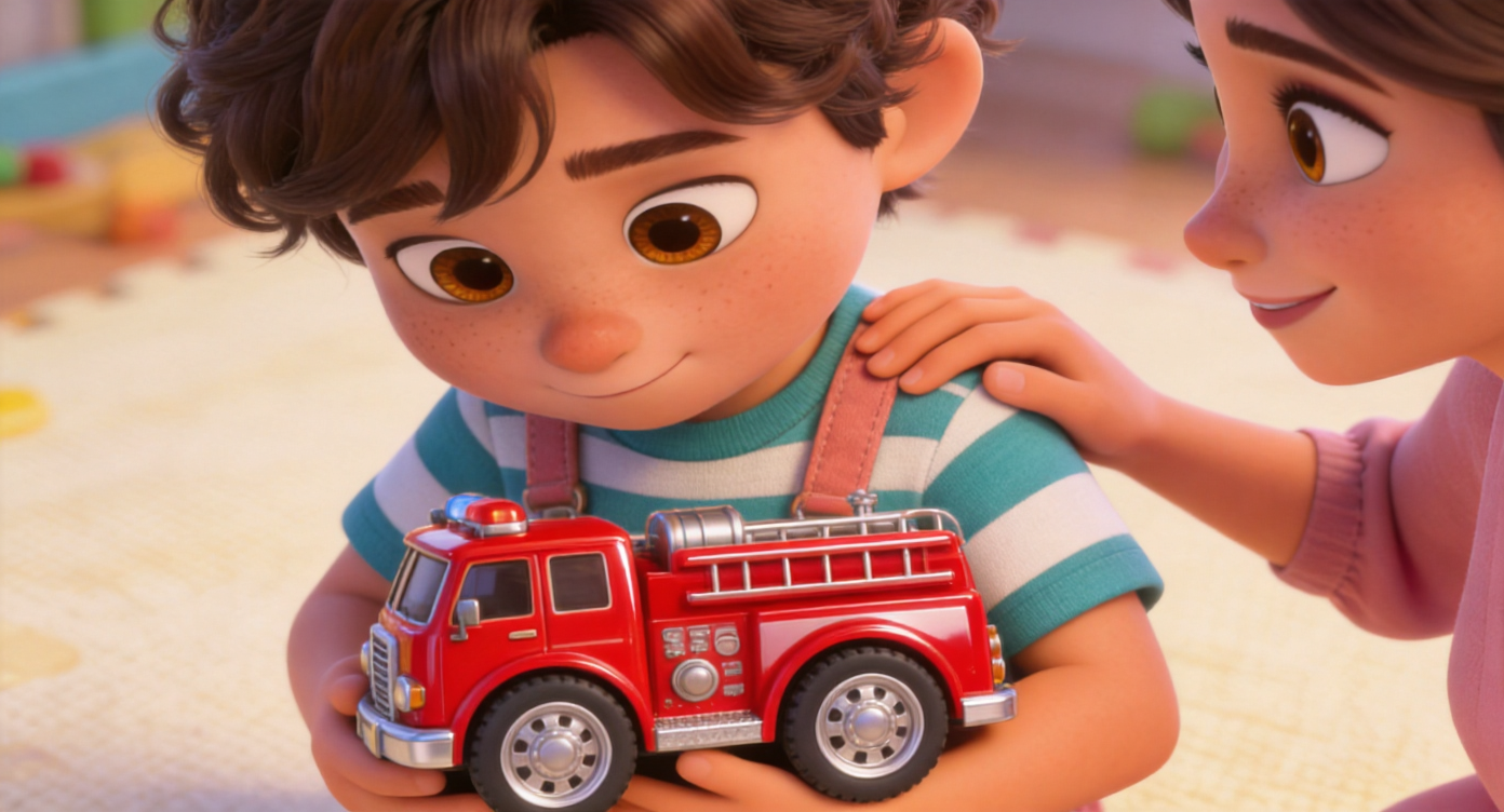 Close-up shot. Noah looks down at a shiny red toy fire engine with large silver wheels in his arms. His shoulders slowly relax a bit. Mom's gentle hand remains on his shoulder. Blurred cream-colored play mat in the background. 3D Pixar style. --ar 16:9
