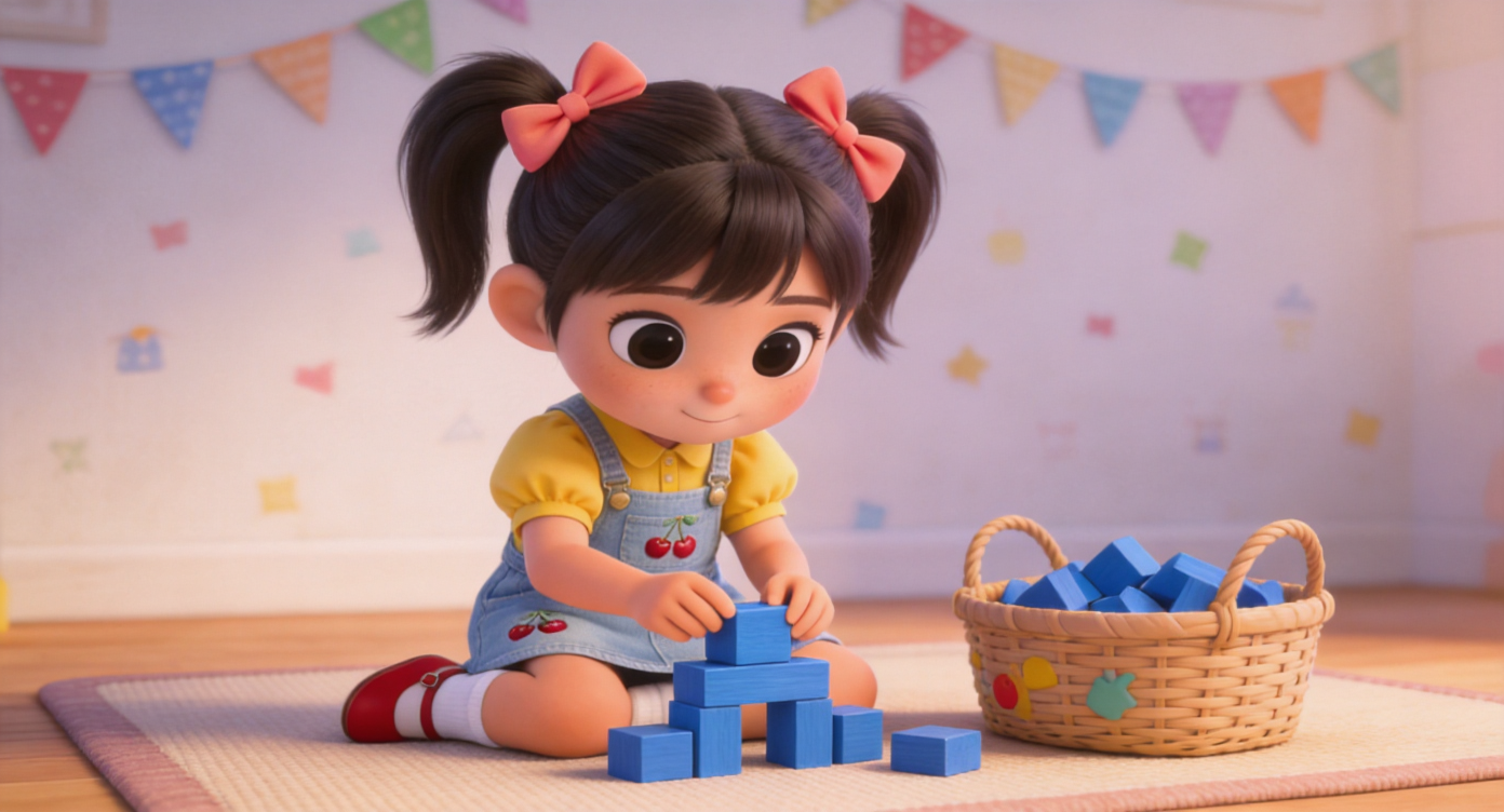 Medium shot. Mia (bright yellow shirt, denim overall skirt, red shoes) sits quietly on the other side of the mat. She takes a few blue wooden blocks from a nearby toy basket and quietly builds blocks alone on the mat. Soft lighting. Wall decorated with small colorful pennants in the background. 3D Pixar style. --ar 16:9