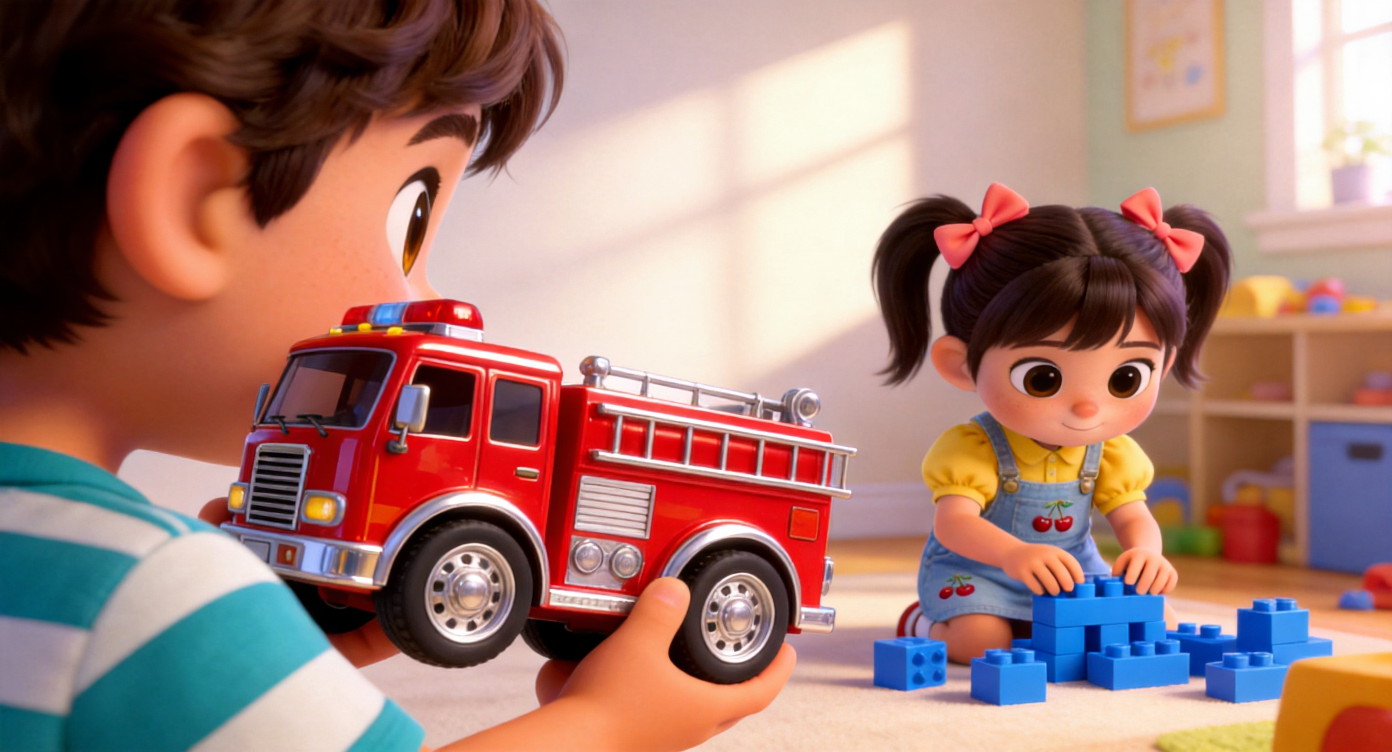 Over-the-shoulder shot. From Noah's perspective (shoulder in teal striped T-shirt). Holding a shiny red toy fire engine with large silver wheels in his arms, he secretly observes Mia, who is focused on building blue blocks. The background is a sunlit half of the playroom. 3D Pixar style. --ar 16:9