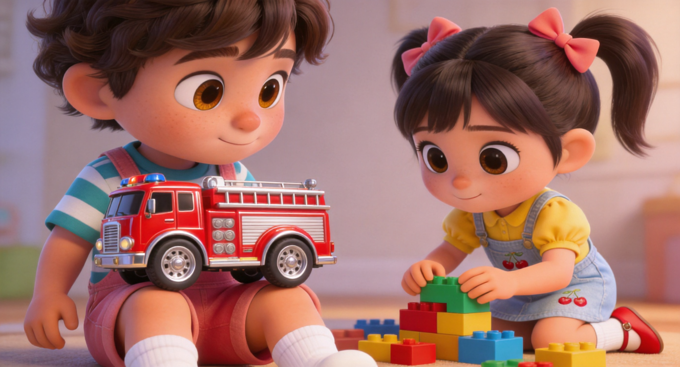Close-up shot. Noah watches Mia building blocks, his eyes softening, no longer biting his lower lip. He slowly lowers a shiny red toy fire engine with large silver wheels he was hugging to his chest, resting it on his thighs. Soft indoor lighting in the background. 3D Pixar style. --ar 16:9