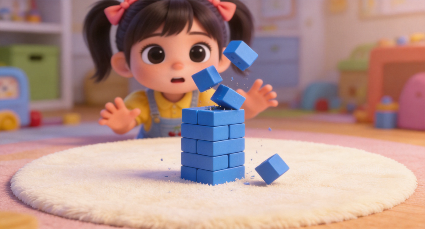 Close-up shot. Focus on the blue block tower Mia built. Suddenly, the top few blocks lose balance and crash down onto a soft cream-colored round play mat. Mia's slightly surprised hands are in the background. 3D Pixar style. --ar 16:9
