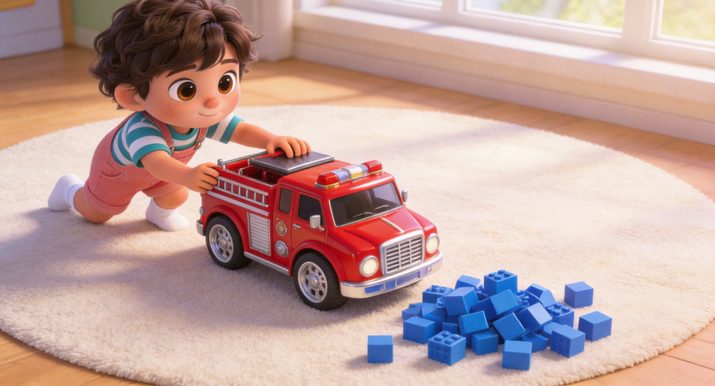 Wide shot. On a soft cream-colored round play mat, Noah slowly scoots forward a bit. He pushes a shiny red toy fire engine with large silver wheels towards the scattered pile of blue blocks, seeming to help. His hand still holds the roof of the car. Sunlit window area in the background. 3D Pixar style. --ar 16:9