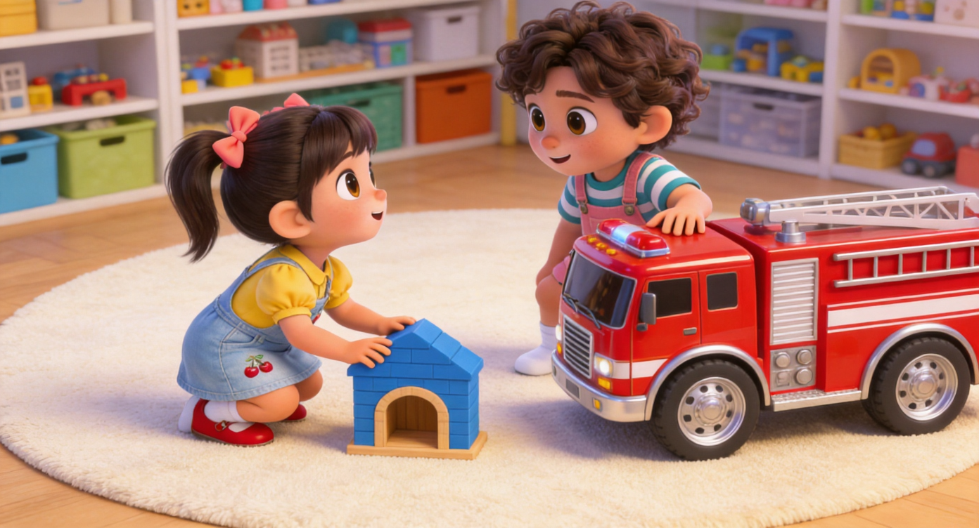 Medium shot. Seeing a shiny red toy fire engine with large silver wheels coming to "rescue", Mia looks up in surprise. She doesn't grab a shiny red toy fire engine with large silver wheels, but pushes a blue wooden block garage beside her towards Noah's direction, giving him a sweet smile. Neat toy shelves in the background. 3D Pixar style. --ar 16:9