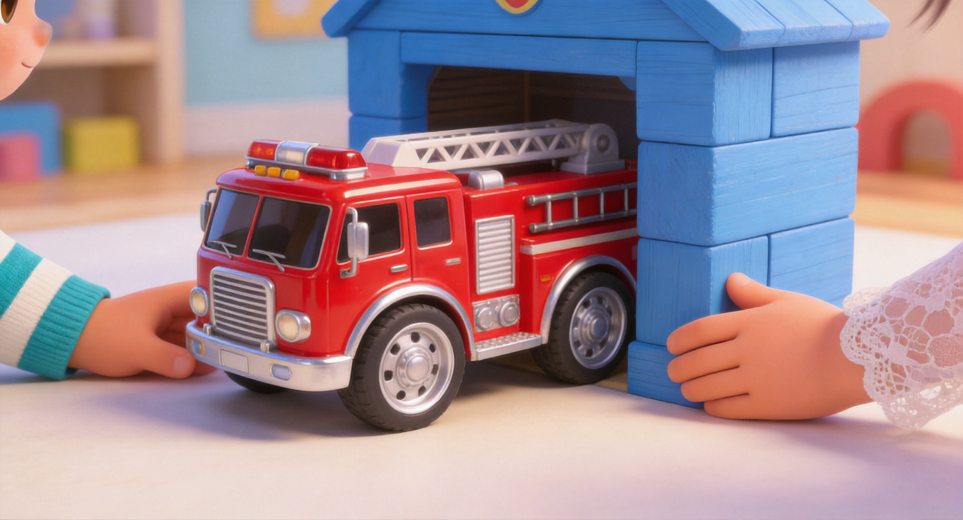 Close-up shot. On the bright playroom floor, a shiny red toy fire engine with large silver wheels is parked next to a blue wooden block garage. Two small hands (one in a teal striped sleeve, one in a lace sleeve) are on opposite sides of the frame, harmonious atmosphere. Highly detailed, 3D Pixar style. --ar 16:9