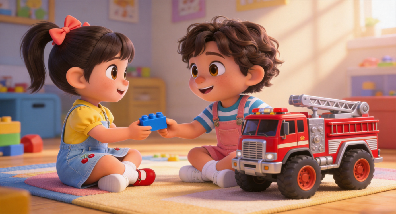 Medium shot. Noah and Mia sit facing each other on the mat. Noah finally lets go of a shiny red toy fire engine with large silver wheels, he picks up a blue block and hands it to Mia, both are laughing happily. Sunlight shines on their faces. 3D Pixar style. --ar 16:9