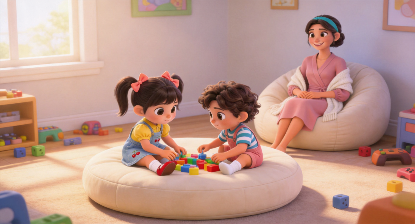 Wide shot. Mom (Morandi pink wrap dress, off-white knitted shawl) sits on a beanbag chair slightly far away, smiling as she watches the two children playing peacefully on a soft cream-colored round play mat. Sunlight fills the entire room, air filled with healing and serenity. 3D Pixar style, masterpiece. --ar 16:9