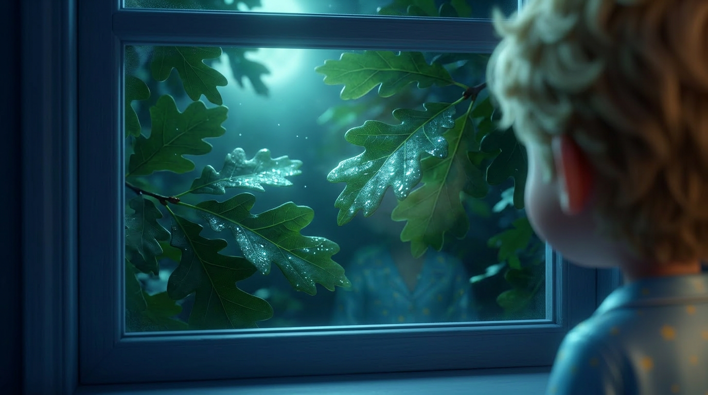 Close-up. Deep green oak leaves outside the window fluttering gently. The movement is slow and rhythmic. Soft blue-green color palette, magical night atmosphere, high detail, 3D animation style. --ar 16:9