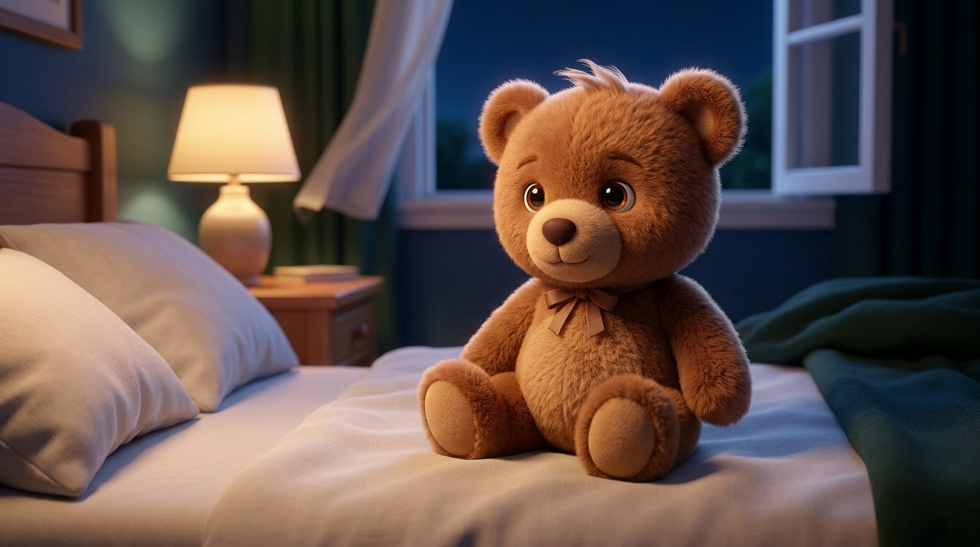 Close-up. A soft brown teddy bear sitting on a bed with white linen. The wind gently ruffles its plush fur. Warm ambient light from a bedside lamp. 3D Pixar style. --ar 16:9 Leo没有出现