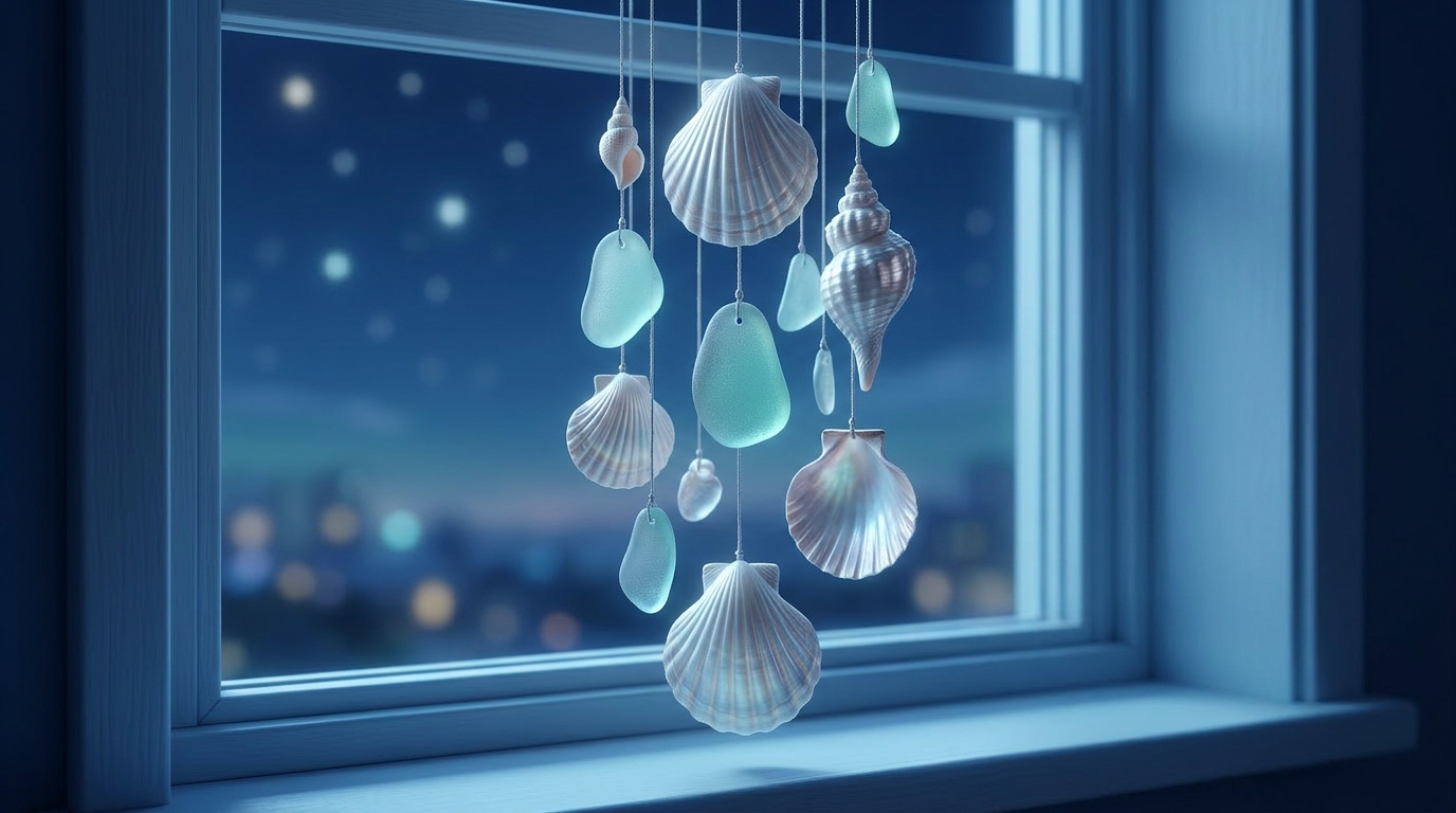 Close-up. Shell wind chimes hanging by the window, moving slightly in the breeze. Soft focus background of the night sky. The lighting is cool blue and silver. --ar 16:9 Leo没有出现