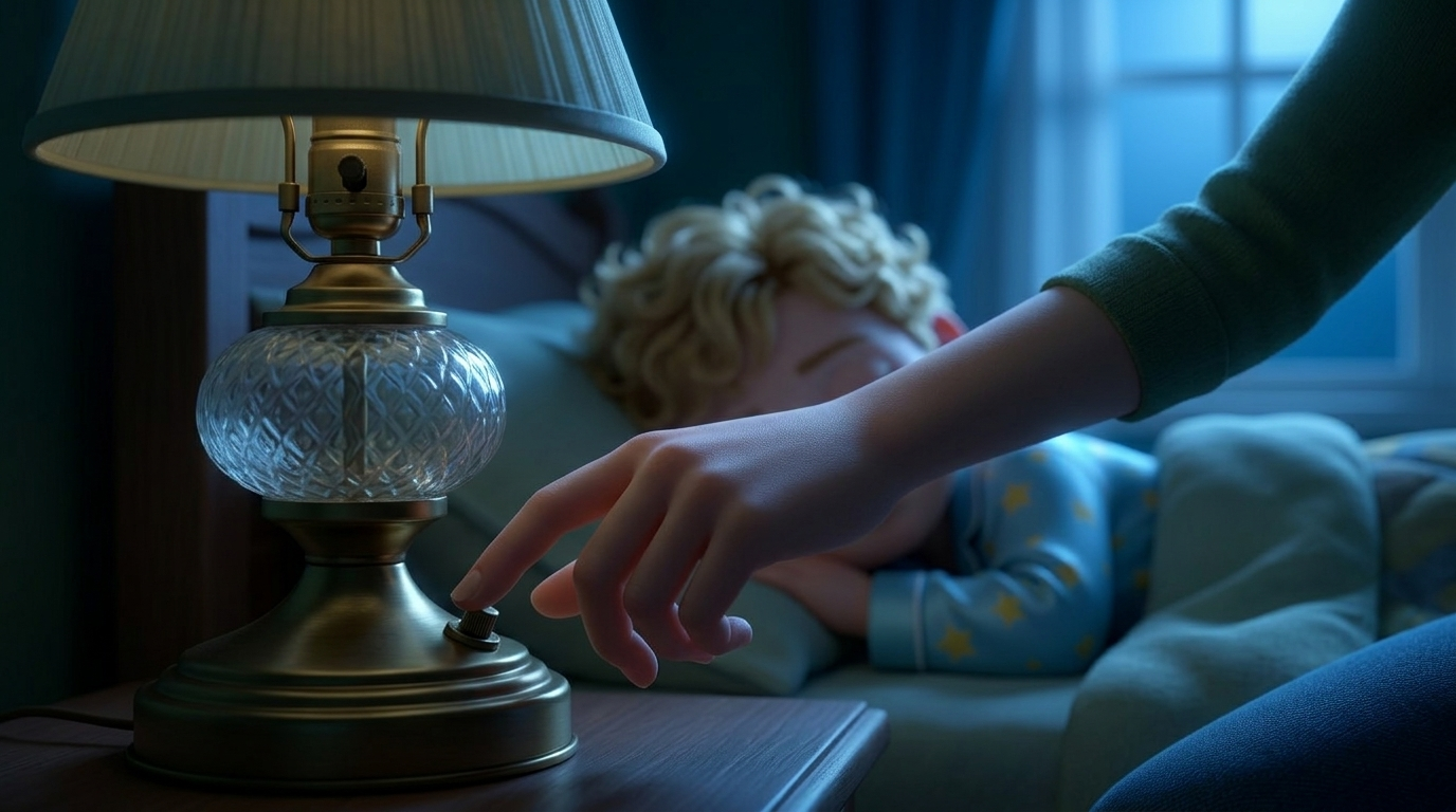 Close-up. A hand turning off a vintage bedside lamp. The warm light vanishes, replaced by the cool, ethereal blue of the moonlight streaming through the window. --ar 16:9
