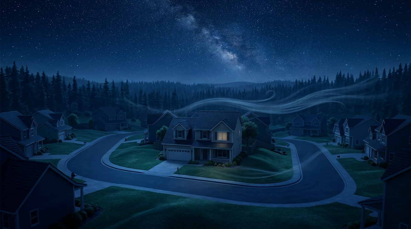 Extreme wide shot. The house under a vast, starry sky. The wind moves away toward the distant forest. The entire world is asleep. Deep blue and black tones. --ar 16:9。周围还有其他街道的房屋建筑