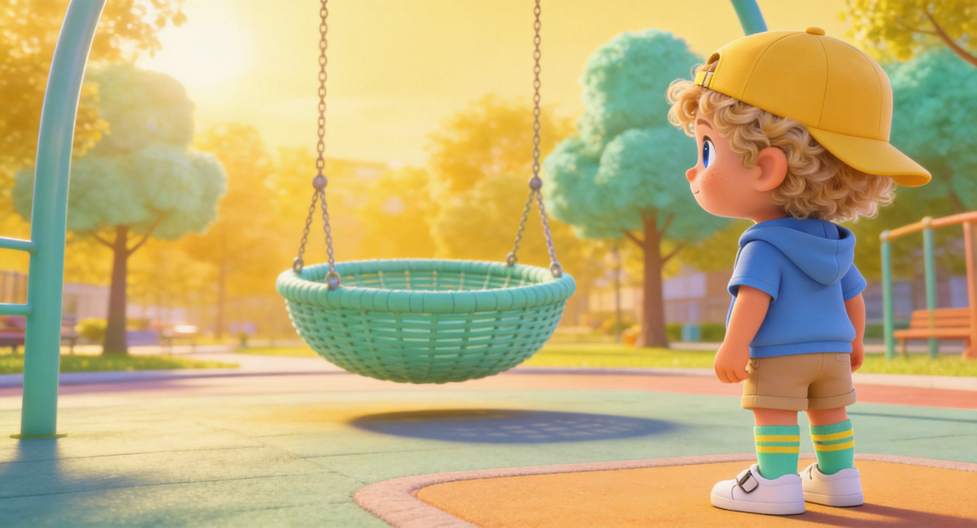 Wide shot. In a community park filled with warm yellow sunlight and mint-green trees, Oliver stands on the soft rubber playground mat. He is staring longingly at a giant mint-green round basket swing a short distance ahead. Highly detailed, 3D Pixar style. --ar 16:9
